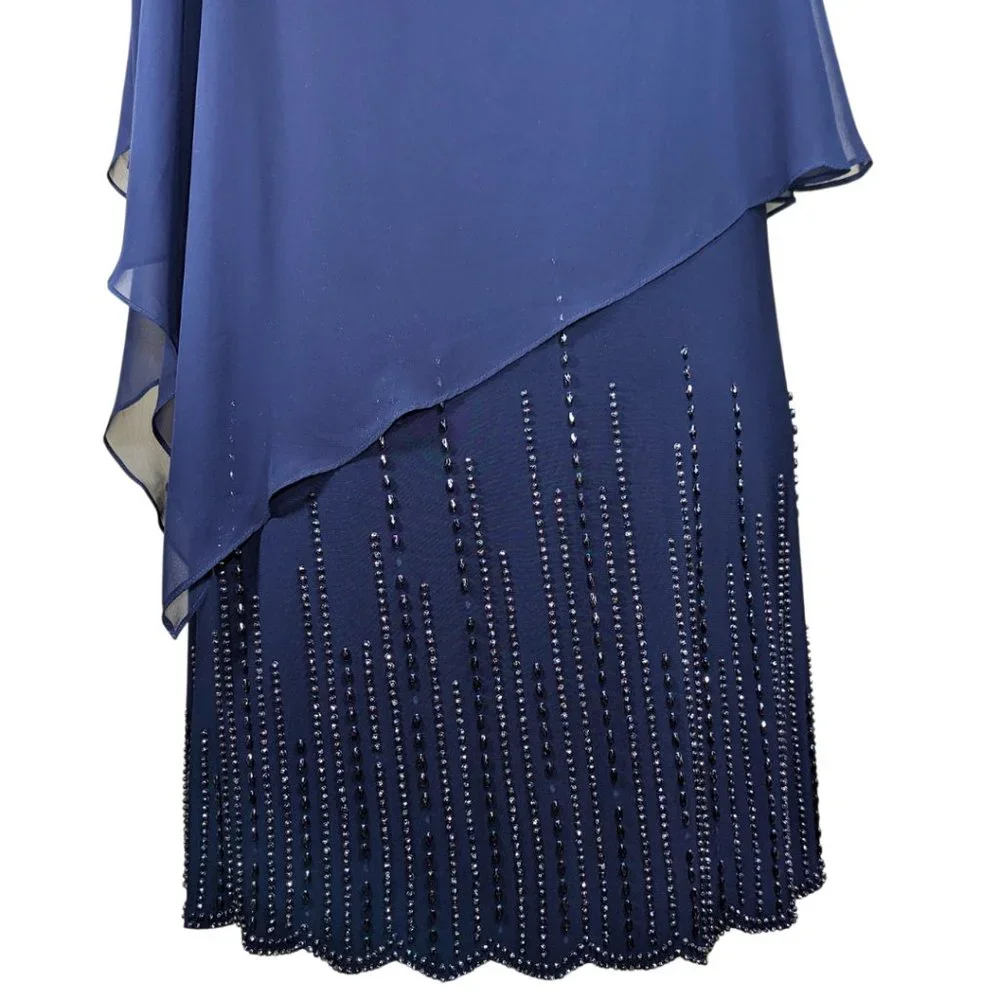 Xscape 14W Navy Blue Mother of the Bride Layered Chiffon Beaded Lined Dress - Picture 9 of 12